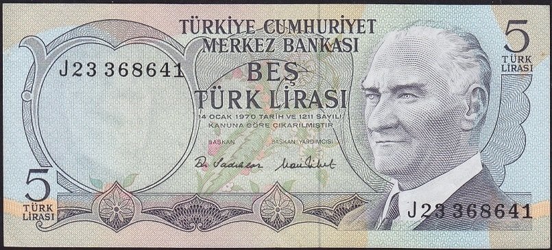 6.Emisyon 2.Tertip 5 Lira J23 368641 Çok Çok Temiz+