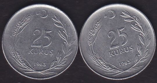 1965 Yılı 25 Kuruş (Ters Düz Takım)