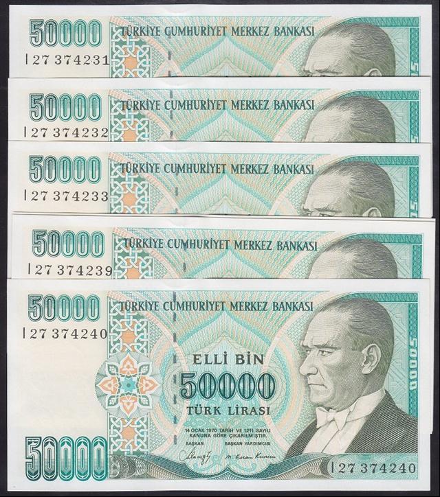 7.EMİSYON 1.TERTİP 50000 LİRA I27 374231 -240 ÇİLALTI ÇİL (DESTE ÇİLİ) SERİ TAKİPLİ 10 ADET