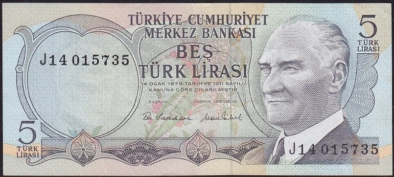 6.Emisyon 2.Tertip 5 Lira J14 015735 Ççt Çilaltı