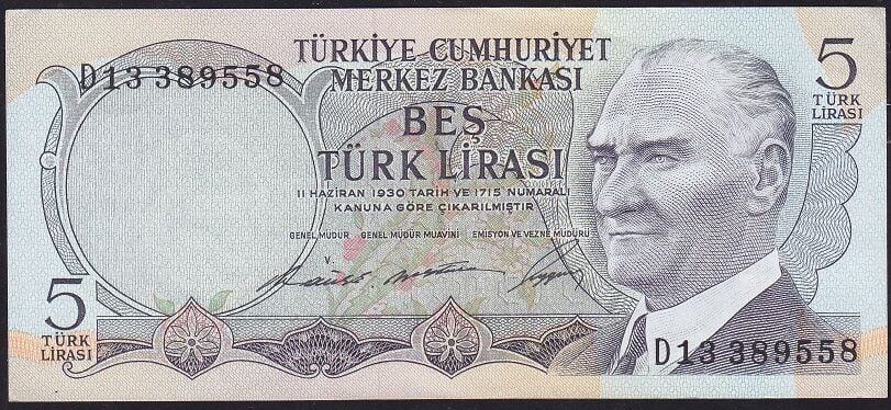 6.Emisyon 1.Tertip 5 Lira D13 389558 Çok Çok Temiz
