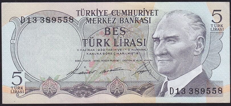 6.Emisyon 1.Tertip 5 Lira D13 389558 Çok Çok Temiz