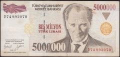 7.Emisyon 5 000 000 Lira D74 892070 Çok Temiz