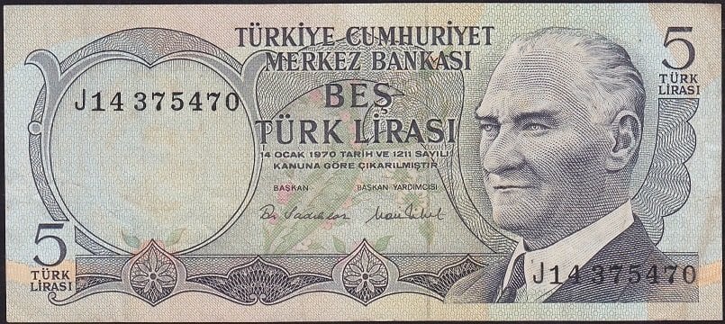 6.Emisyon 2.Tertip 5 Lira J14 375470 Çok Temiz