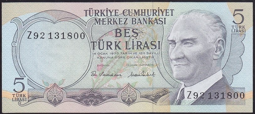 6.EMİSYON 2.TERTİP 5 LİRA Z92 131800 ÇİL eski kağıt para değerleri