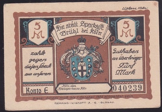 ALMANYA 5 MARK NOTGELD 1922 ÇİLALTI ÇİL