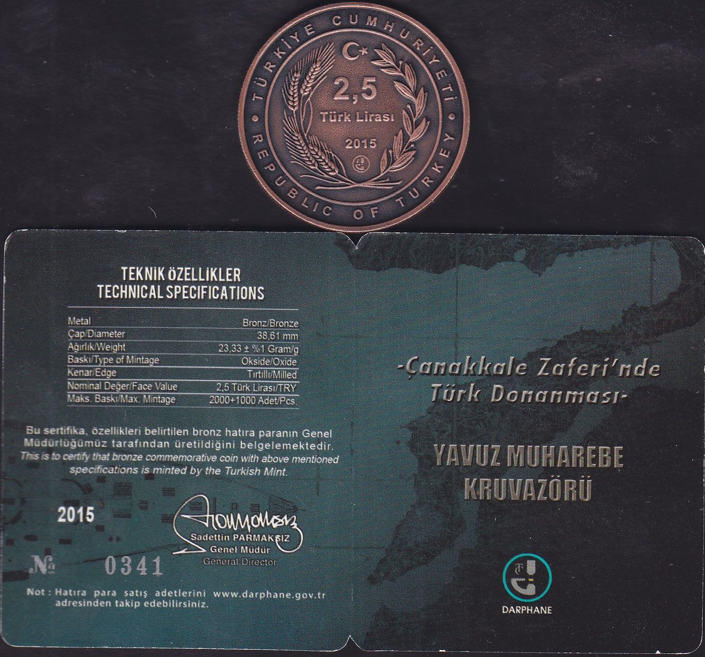 2015 Yılı 2.5 Lira Yavuz Muharebe Kruvazörü Hatıra Para Sertifikalı