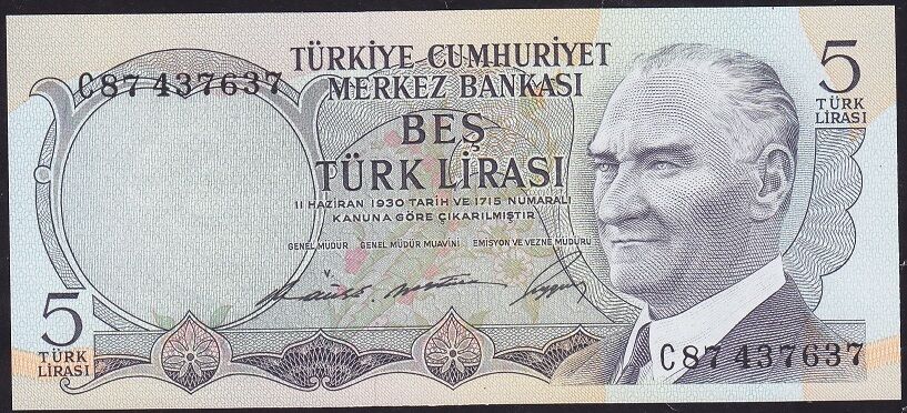 6.Emisyon 1.Tertip 5 Lira C87 437637 Çil
