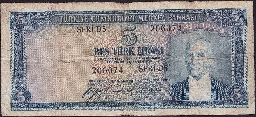 5.Emisyon 1.Tertip 5 Lira D5 206074 Temiz
