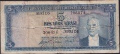 5.Emisyon 1.Tertip 5 Lira D5 206074 Temiz