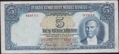 2.Emisyon 5 Lira C1 97972 Çok Temiz +