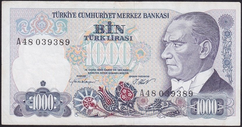 7.EMİSYON 1.TERTİP 1000 LİRA A48  039389 ÇOK TEMİZ