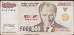 7.Emisyon 5 000 000 Lira D64 234541 Çok Temiz+