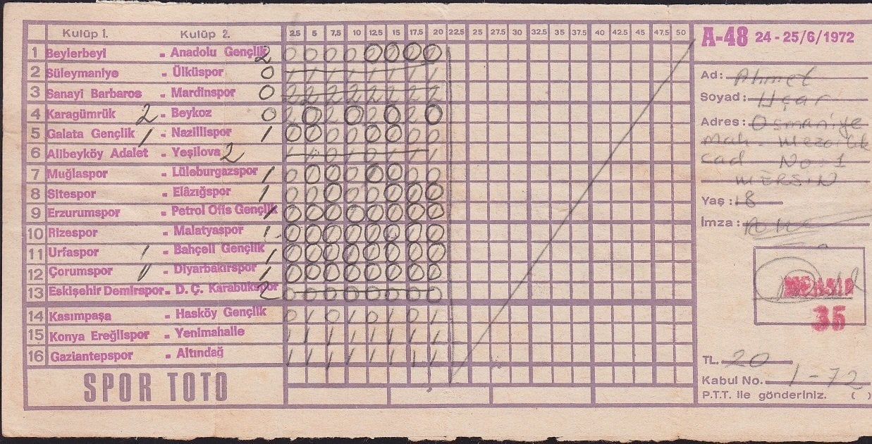 Spor Toto Kupon Kağıdı 1972