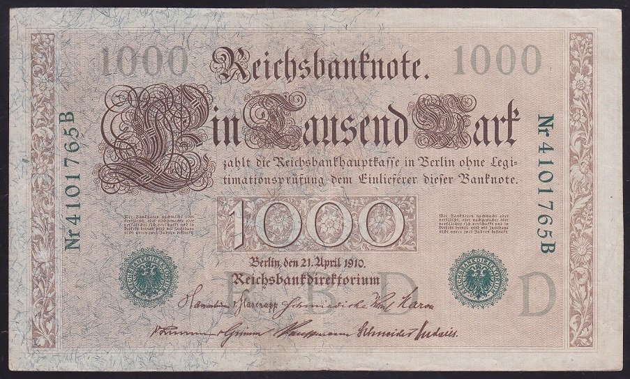 ALMANYA 1000 MARK 1910 ÇOK ÇOK TEMİZ + eski kağıt para değerleri