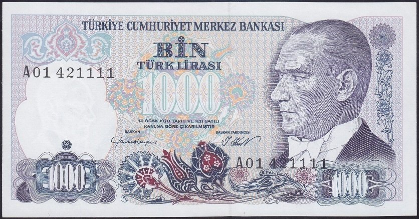7.EMİSYON 1.TERTİP 1000 LİRA A01 421111 ÇİL eski para mezat