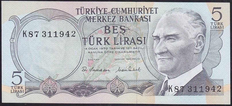 6.EMİSYON 2.TERTİP 5 LİRA K87 311942 ÇİL eski kağıt para fiyatları