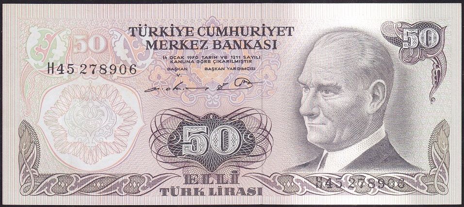 6.Emisyon 1.Tertip 50 Lira H45 278906 Çilaltı