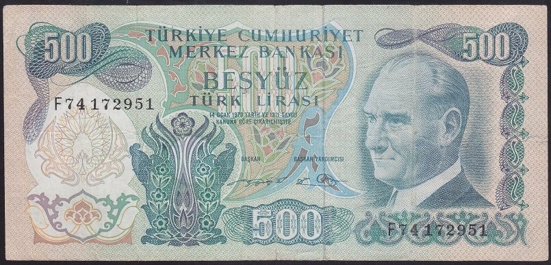 6.EMİSYON 2.TERTİP 500 LİRA F74 172951 TEMİZ