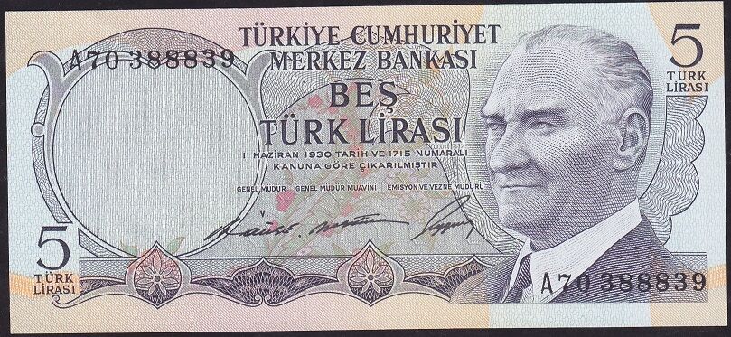 6.Emisyon 1.Tertip 5 Lira A70 388839 Çilaltı