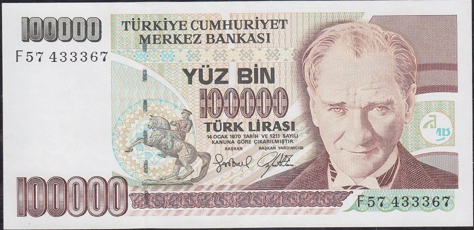 7.Emisyon 3.Tertip 100000 Lira F57 433367 Çilaltı
