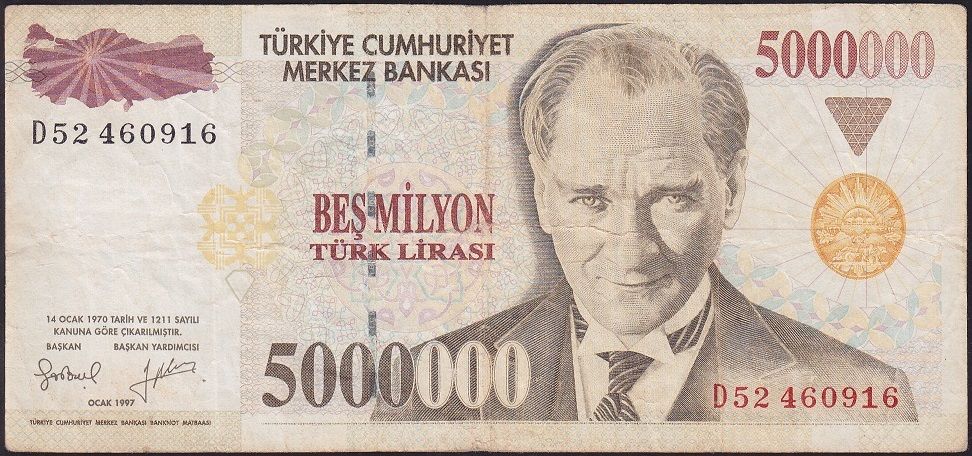 7.Emisyon 5 000 000 Lira D52 460916 Çok Temiz