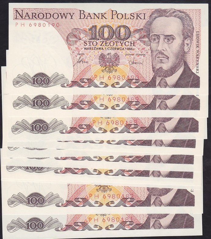 POLONYA 100 ZLOTY 1986 ÇİL SERİ TAKİPLİ (10 ADET)