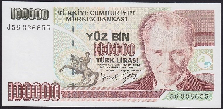 7.EMİSYON 3.TERTİP 100000 LİRA J56 336655 ÇİL