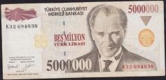 7.Emisyon 5 000 000 Lira K32 694838 Çok Temiz
