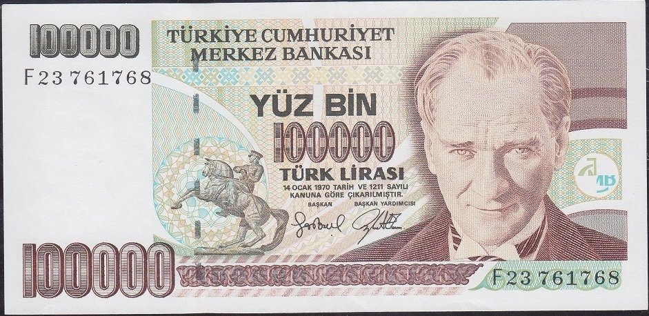 7.Emisyon 3.Tertip 100000 Lira F23 761768 Çilaltı