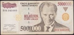 7.Emisyon 5 000 000 Lira D51 241603 Çok Temiz