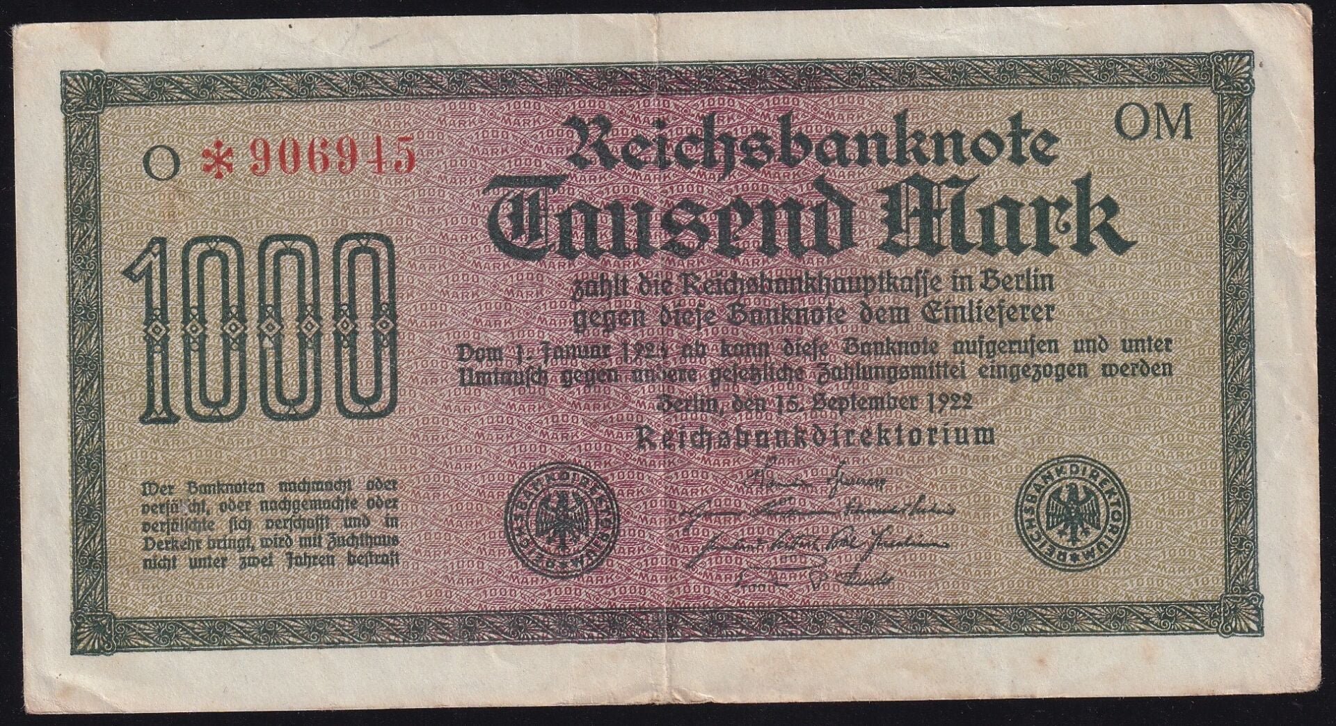 Almanya 1000 Mark 1922 Çok Temiz+ ( Yıldızlı Seri )