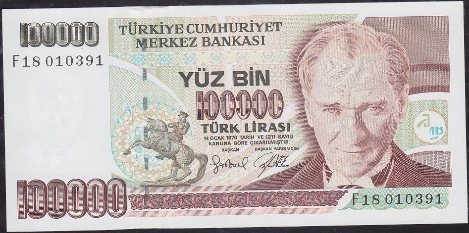 7.Emisyon 3.Tertip 100000 Lira F18 010391 Ççt Çilaltı