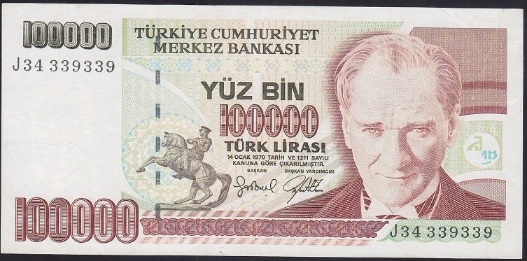 7.EMİSYON 3.TERTİP 100000 LİRA J34 339 339 ÇÇT TEKRARLAYAN NUMARA