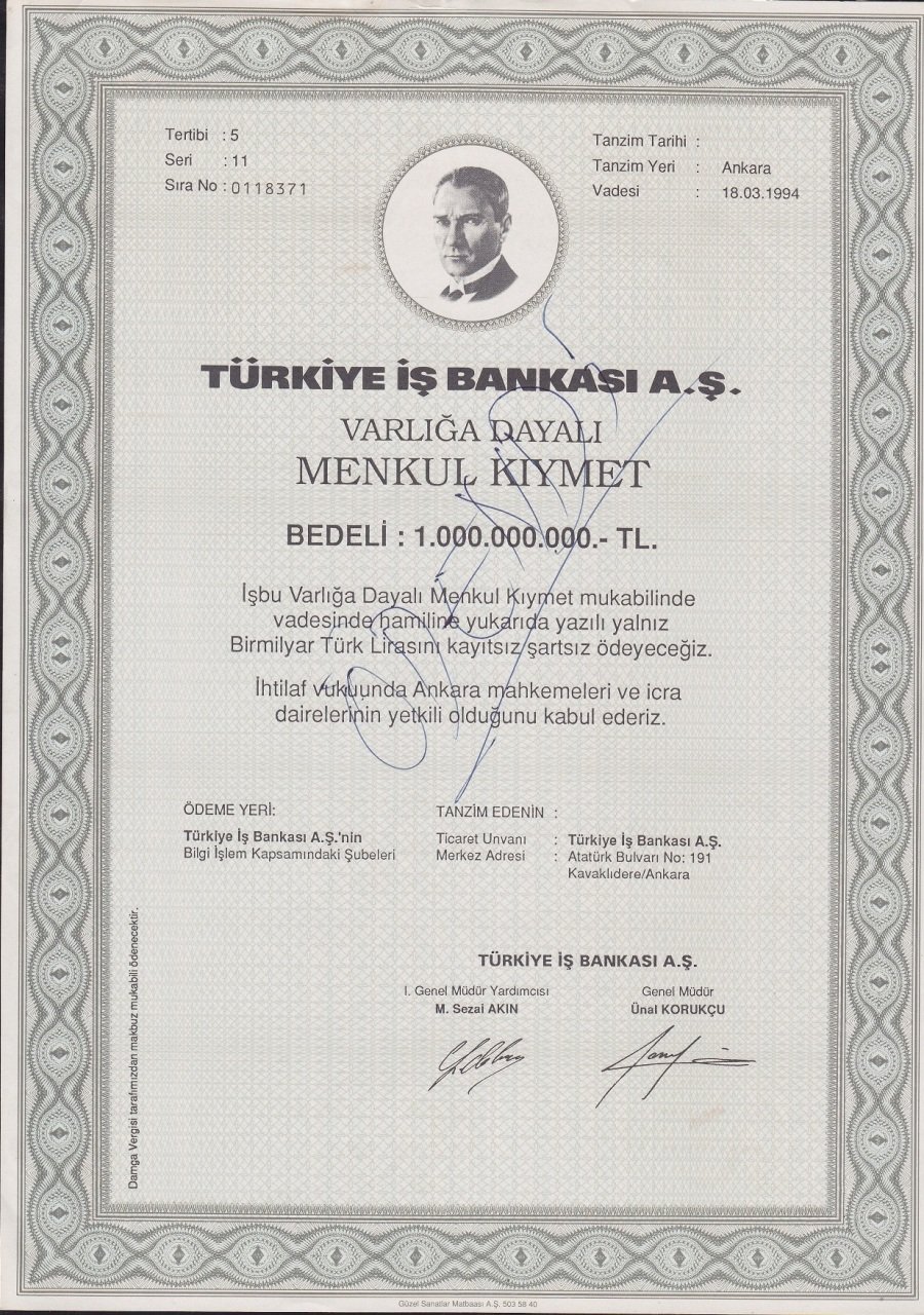 Hisse Senedi İş Bankası Menkul Kıymet 1.000.000.000 TL