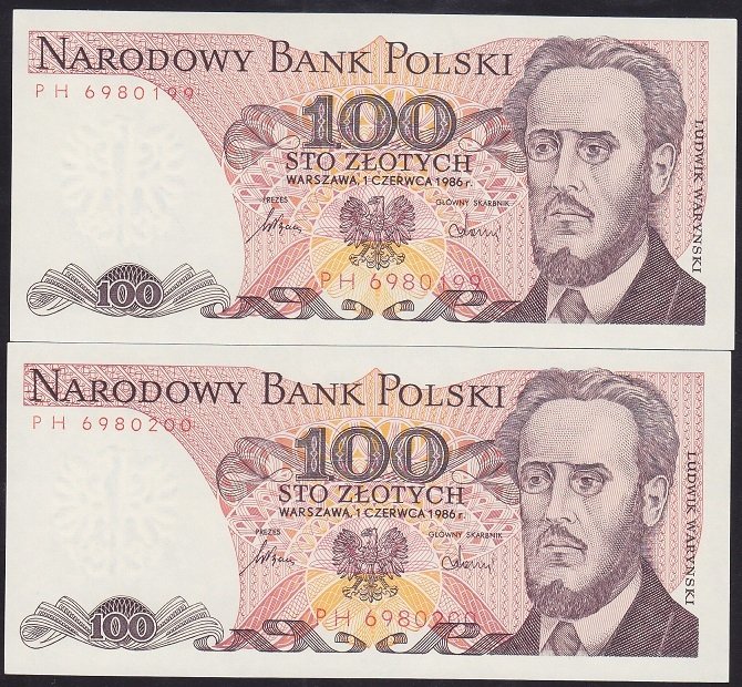 POLONYA 100 ZLOTY 1986 ÇİL SERİ TAKİPLİ (2 ADET) 199 - 200
