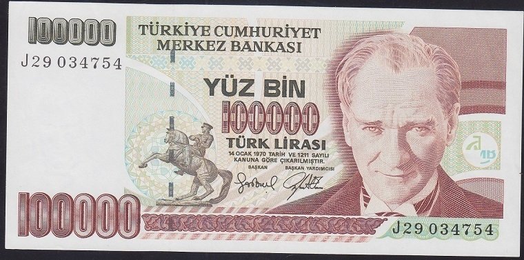 7.EMİSYON 3.TERTİP 100000 LİRA J29 034754 ÇÇT +