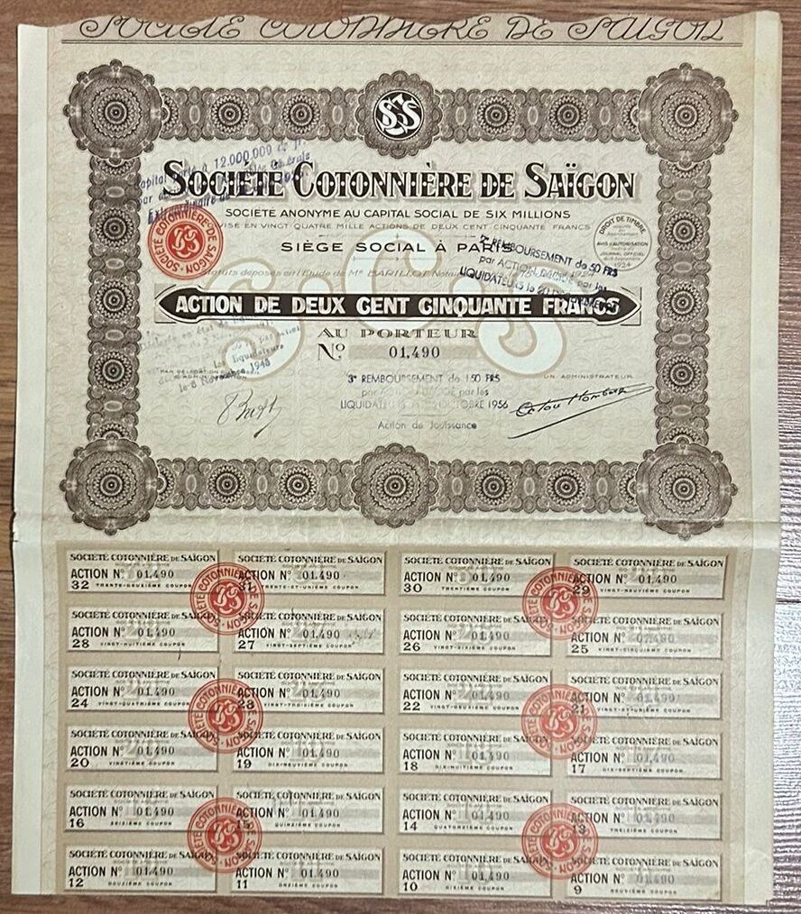 Hisse Senedi - Societe Cotonniere De Saigon 1924 - 1956 ( 37 X 32 cm )