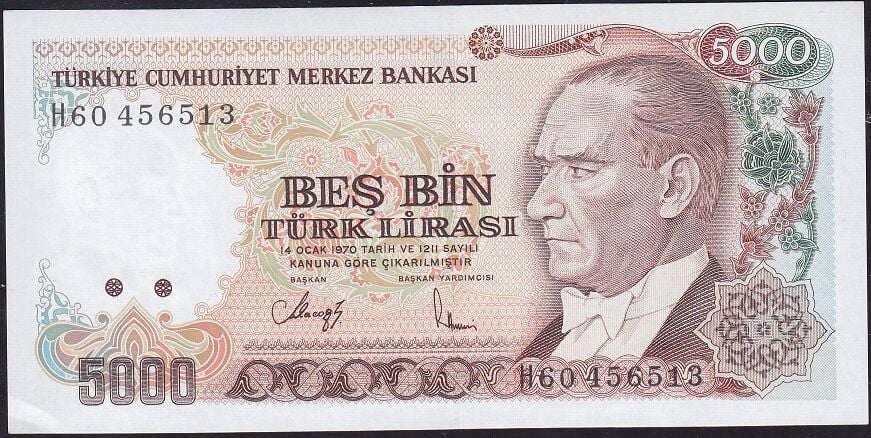 7.Emisyon 4.Tertip 5000 Lira H60 456513 Çil