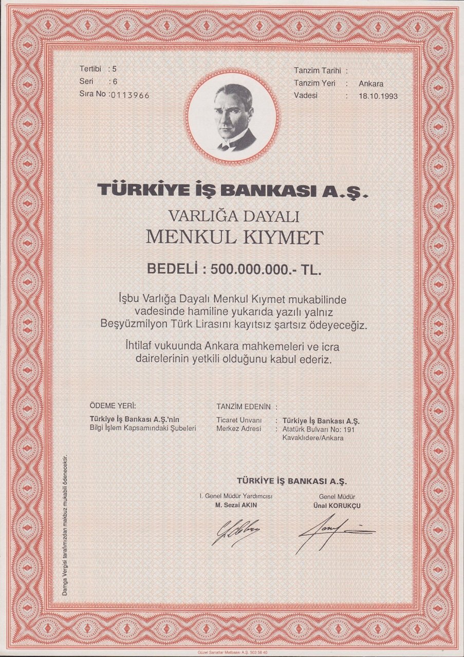 Hisse Senedi İş Bankası Menkul Kıymet 500.000.000 TL