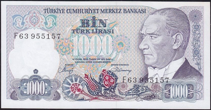 7.Emisyon 2.Tertip 1000 Lira F63 955157 Çil