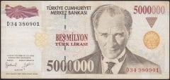 7.Emisyon 5 000 000 Lira D34 380901 Çok Temiz