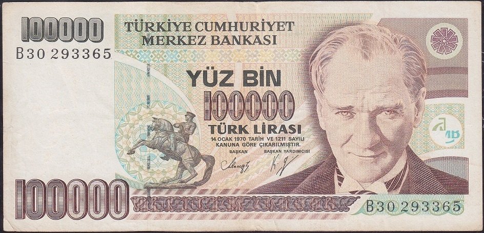 7.Emisyon 1.Tertip 100000 Lira B30 293365 Çok Temiz