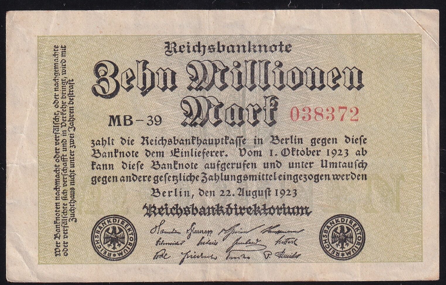 Almanya 10 Milyon Mark 1923 Çok Temiz+