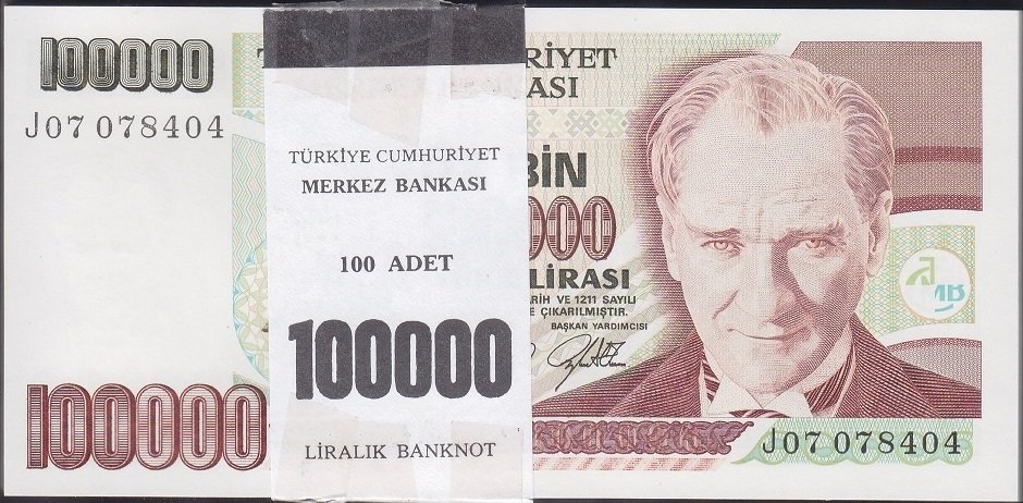 7.Emisyon 3.Tertip 100000 Lira J07 Deste (100 adet ) Tam Sıralı ÇİL
