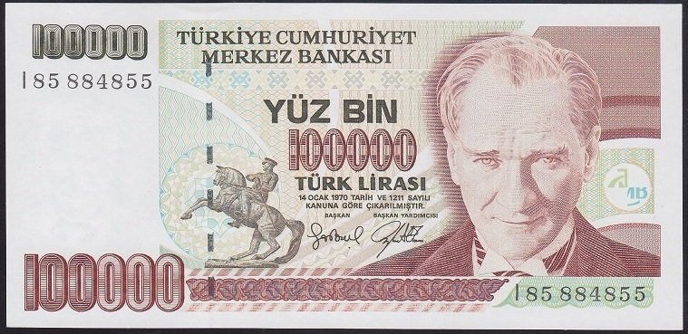 7.EMİSYON 3.TERTİP 100000 LİRA I85 884855 ÇİL