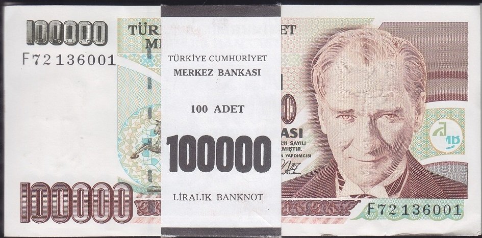 7.Emisyon 3.Tertip 100000 Lira F72 Deste (100 adet ) Tam Sıralı ÇİL
