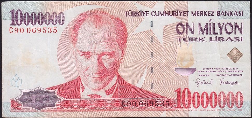 7.Emisyon 10 000 000 Lira C90 069535 Çok Temiz