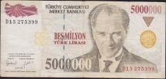 7.Emisyon 5 000 000 Lira D15 275399 Çok Temiz