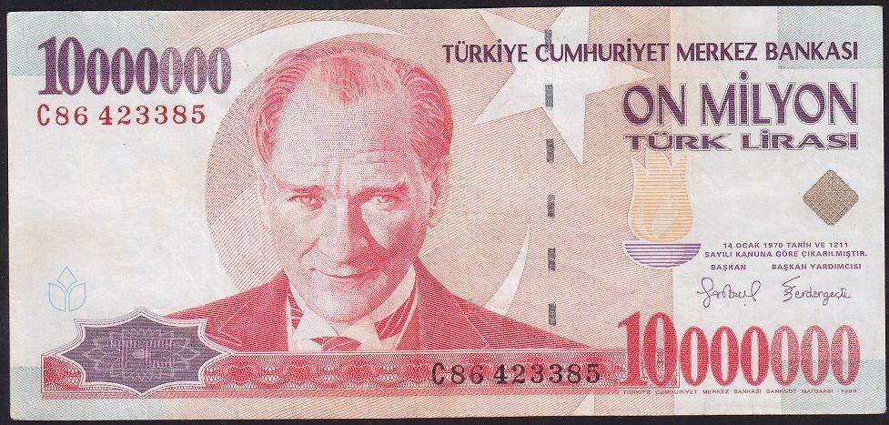7.Emisyon 10 000 000 Lira C86 423385 Çok Temiz+